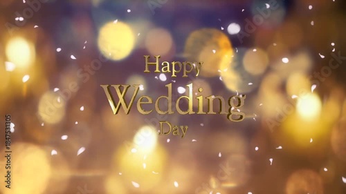 Wallpaper Mural 結婚式の背景　キラキラ輝くキャンドルの光の丸ボケにHappy Wedding Dayの3dテキスト　光を反射する文字の表面　舞い散る花びらフラワーシャワー　ウエディングパーティー・オープニング・タイトル・お祝いの背景 Torontodigital.ca