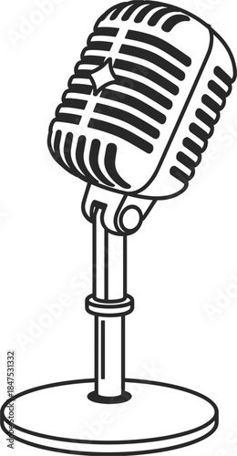 Vintage Microphone on Stand with Detailed Grille and Base retro microphone audio