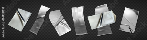 Duct tape collection of silver adhesive patches with authentic creases and reflective surface. Metallic realistic 3d scotch tape strips in diverse shapes - wrinkled, folded and crossed foil stickers