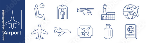 Airport set icon. Plane, passport, suitcase, control tower, helicopter, security, terminal, ticket, identity, waiting area, travel, border, transport, document.