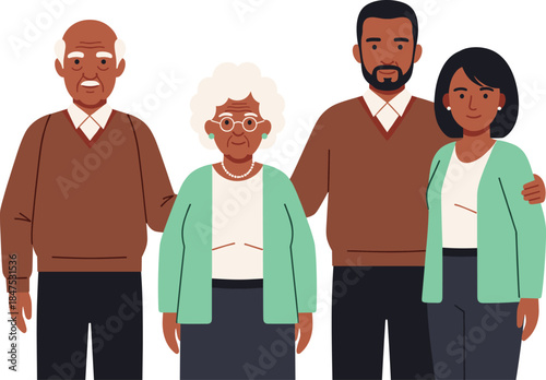 Family generation illustration, older and younger adults, casual clothing, relationship concept, vector character design, community connection, togetherness pose