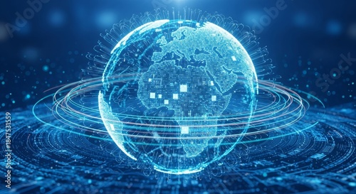 An abstract blue planet earth represents a global digital network concept with binary data and tech communication lines connecting a business world map across a dark space background