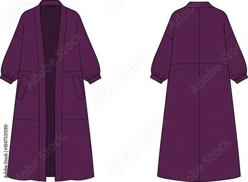 Technical Fashion Flat Sketch of Women's Oversized Purple Duster Coat or Long Cardigan, Front and Back Views, Full Length Apparel Design Vector Template.