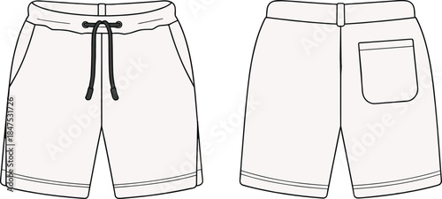 Technical fashion sketch of men's casual shorts, front and back view, elastic waistband, drawstring, pockets, apparel design, garment template