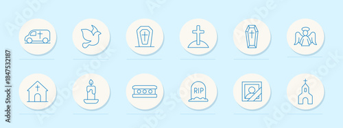 Funeral set icon. Circular outline icons with hearses, coffins, doves, crosses, churches, candles, angels, tombstones, and framed portraits symbolizing mourning and burial