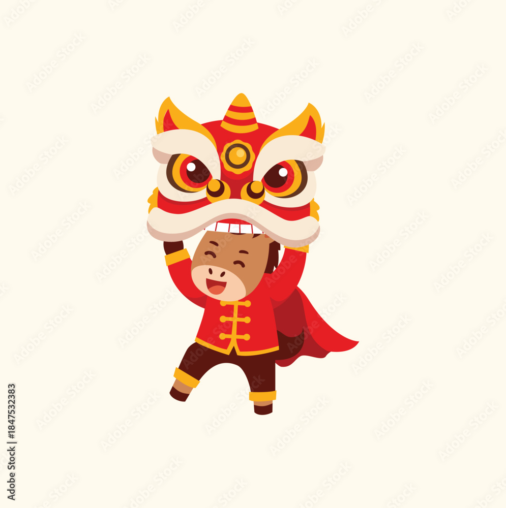 Obraz premium Cute Cartoon Ox Character Dancing Lion Dance for Chinese New Year Celebration