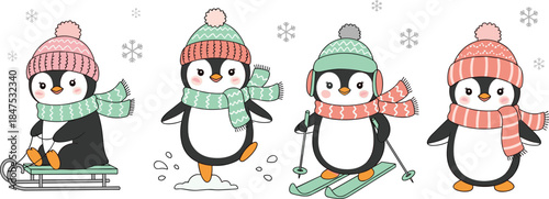 Cute winter penguins illustration skiing sledding ice skating snowflakes cartoon characters for kids holiday design nursery print vector artwork christmas playful adorable colorful set