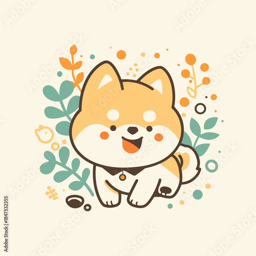 Adorable Shiba Inu Puppy Illustration with Playful Expression.