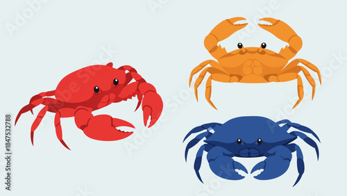 A vibrant collection of cartoon crabs in red, orange, and blue colors
