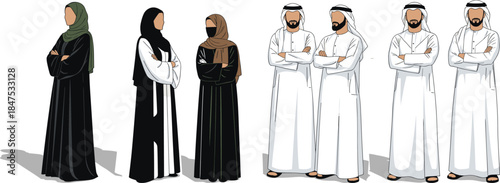 Middle Eastern traditional attire, cultural clothing illustration, men and women group pose, identity concept, vector design, heritage representation