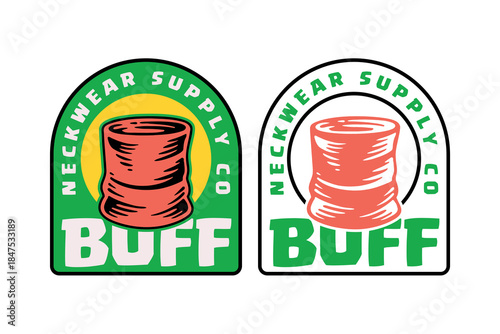 Neck gaiter headwear retro badge logo design set for adventure sport. Tube scarf vintage patch symbol graphic pack for outdoor fashion. Neck warmer rustic emblem element designs bundle for fashion