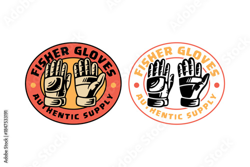 Fishing gloves retro badge logo design set for outdoor wear. Protective gloves vintage patch symbol graphic pack for industrial. Work mitten rustic emblem element designs bundle for labor