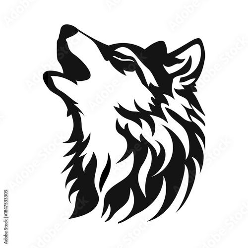 Howling Wolf Head Silhouette. Tribal Style Howling And Snarling Animal Emblem.