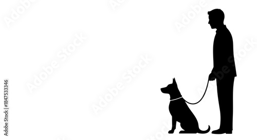 Man Standing with Sitting Dog on Leash Silhouette Vector