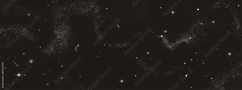 Fototapeta premium Black starry sky with milky way galaxy, nebula dust clusters and bright stars scattered across dark universe background. Cosmic night space texture scene for astronomy or science fiction designs.