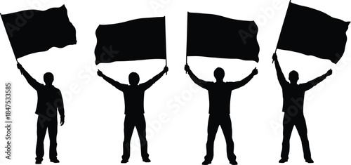 Silhouette protest, flag holding, unity stance, demonstration art, black flags, group action, white background, activism illustration, rally pose, solidarity scene