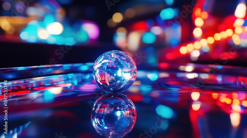 pinball. A silver pinball rolling on a glowing track and impacting a shiny bumper. event key visuals, club posters, designed for sports event promotions and stadium branding.