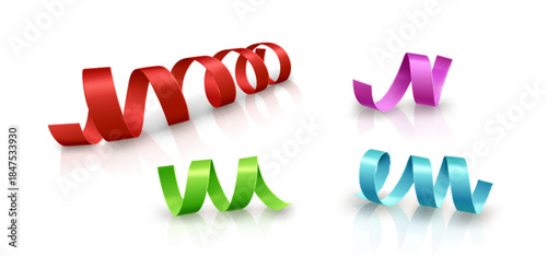 Colorful curly satin ribbons in red and green, pink and blue with reflection on white surface background. Realistic 3d gift tape strips for Christmas or birthday celebration decoration - vector set.