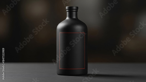 Dark Glass Bottle Mockup with Red Accent Details on Black Background