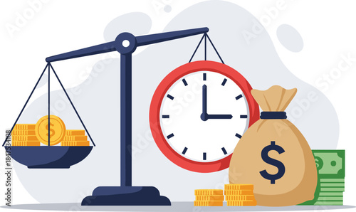 Time is money concept, financial balance illustration, clock and coins, economic metaphor, value of time, investment, savings, currency, finance