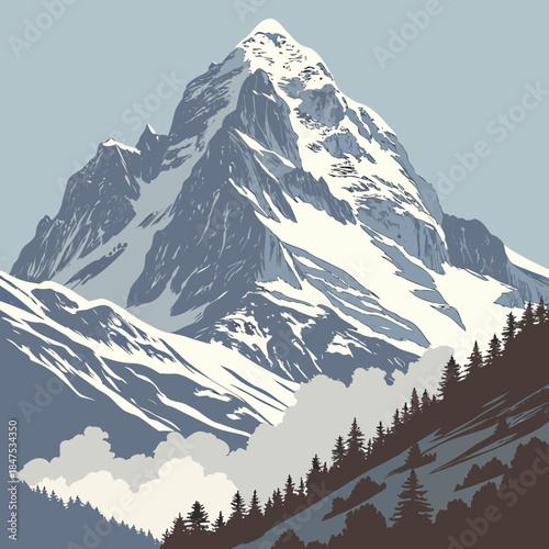 Snowy mountain peak with trees and clouds landscape