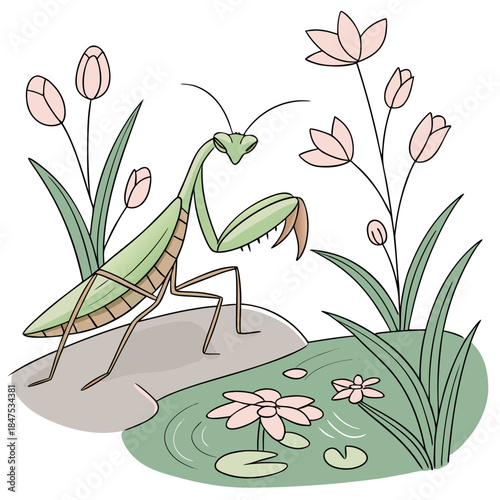 Green praying mantis standing on rock near pond with flowers