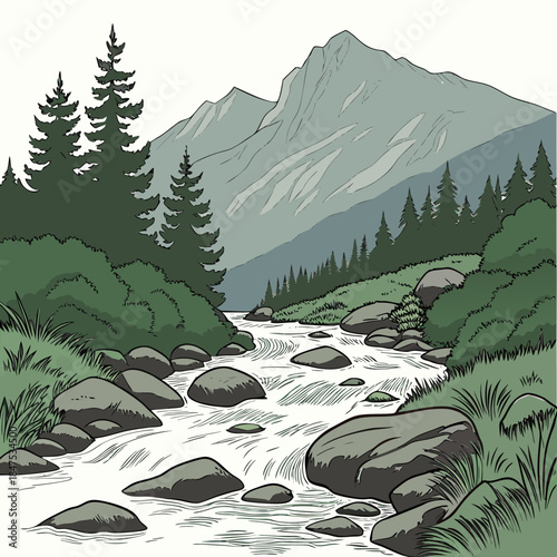 Mountain stream with rocks and trees river