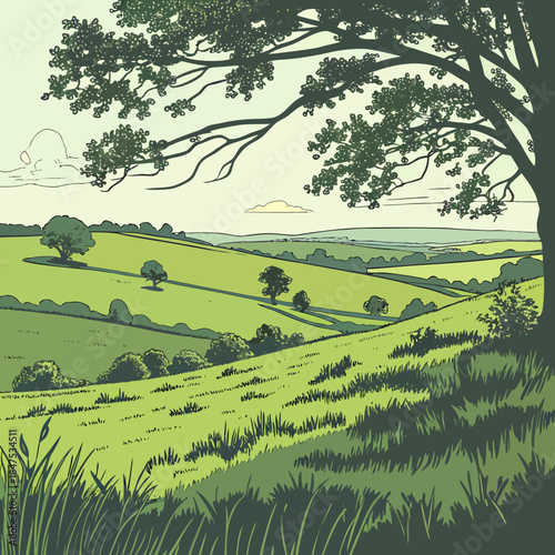 Green hillside with tree and grass landscape