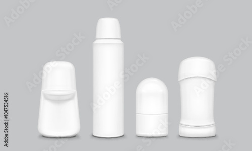 White deodorant mockup collection with roll on, spray bottle and stick container in 3d cosmetic design. Blank hygiene product set with caps for personal care branding and antiperspirant packaging.