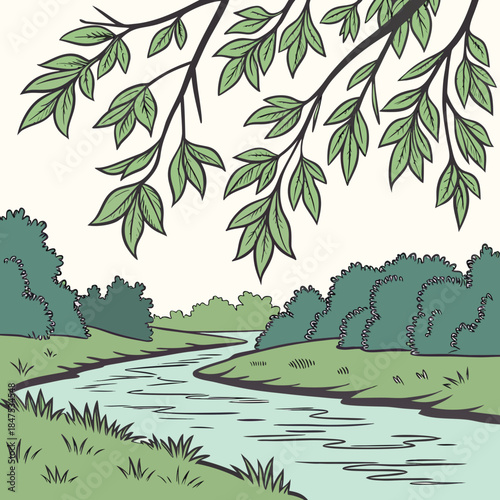 Serene landscape with winding river and trees stream