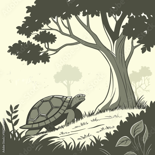 Turtle walking under tree in grassy field leaves plants