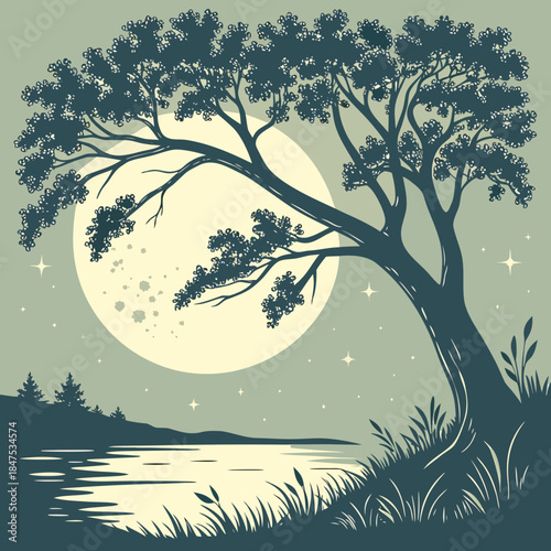 Tree leaning over water with full moon and stars grass