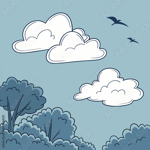 Cartoon clouds and trees with birds flying blue sky