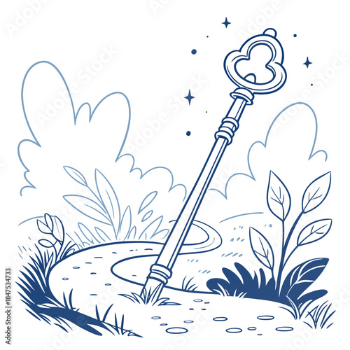 Blue wand standing on ground with heart shaped surrounded by plants and stars