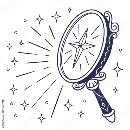 Enchanted mirror reflecting light burst with star symbol