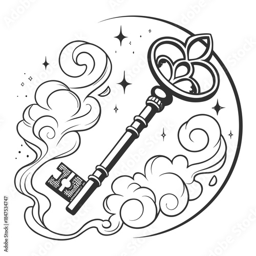 Glowing magic key inside smoky circle with white background