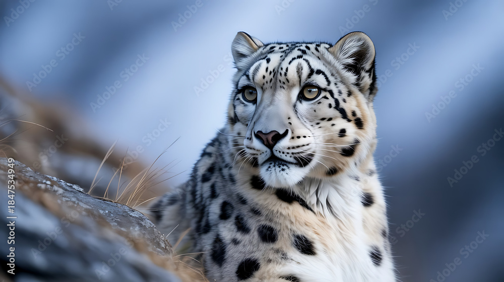 Obraz premium Majestic Snow Leopard with striking camouflage rests in its natural rocky mountain habitat, looking alertly into the distance.