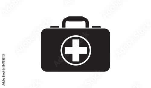 Simple black and white icon of a first aid kit with a red cross, symbolizing medical care, health, and emergency.