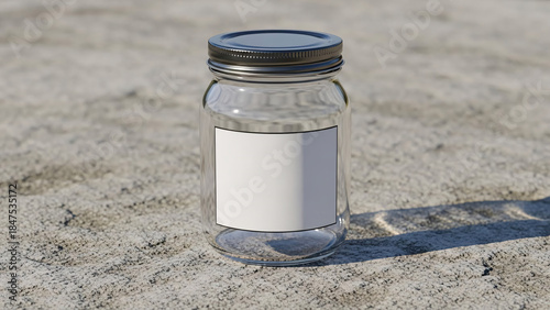 Clear Glass Container Mockup with Metal Lid Placed on Sandy Beach