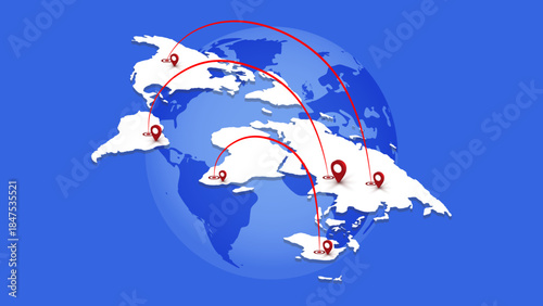 Global Network Connection Map with Location Pins – World Map Routes, International Travel and Logistics Concept Vector Illustration