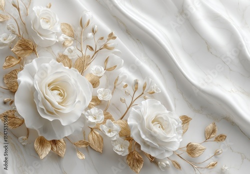 Elegant white roses with golden leaves cascading on smooth, marbled white fabric creating a luxurious floral display