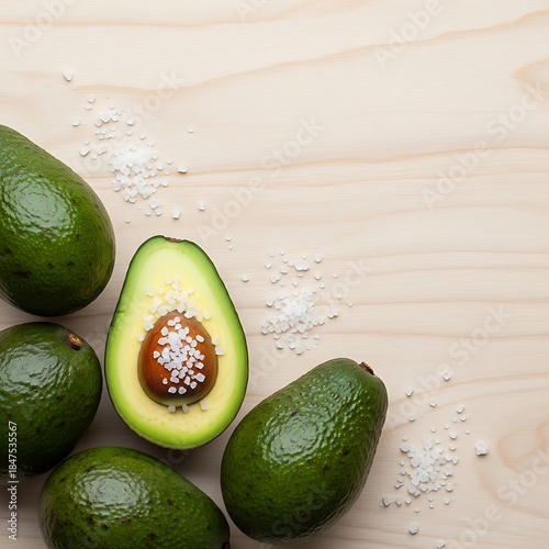 Fresh avocados halved and whole with sprinkling of sea salt on wood table