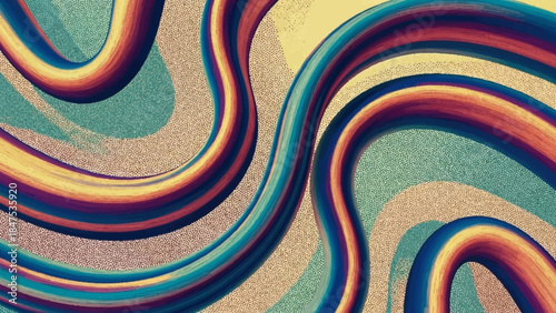 3D Abstract Vector Smooth Liquid Curved Lines Retro Style Dotwork Background. Hand Made Dotted Stippling Engraving Texture