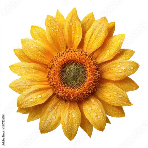 Bright yellow sunflower blossom, its petals dotted with tiny droplets of water, centered on a white background