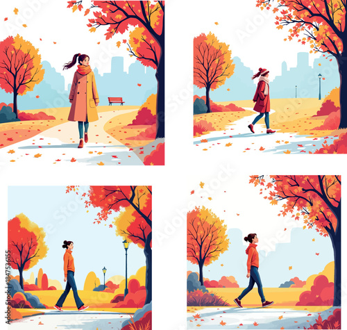 Vsai woman walking in autumn park with falling leaves