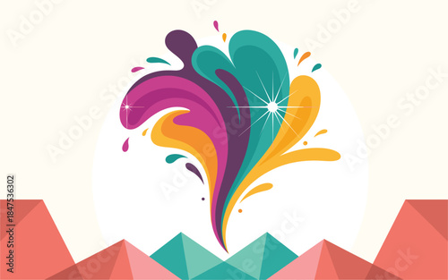Vibrant abstract design with swirling colors and geometric mountains