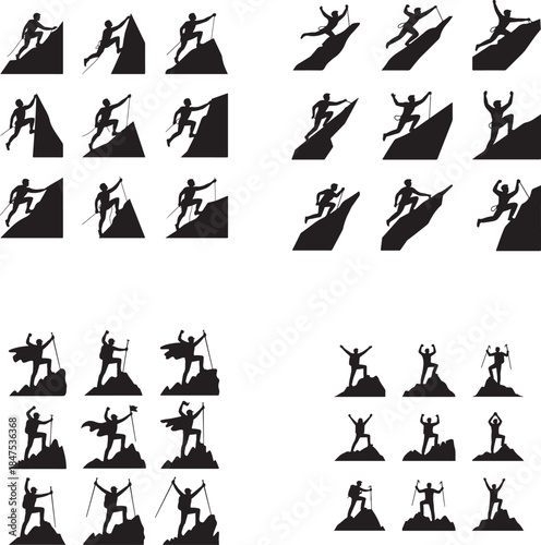 “Mountain Climber at Peak Silhouette – Summit Achievement, Goal, Success Icon”