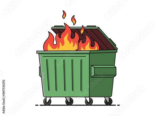 Green Industrial Dumpster Fire Vector Illustration - Chaos and Disaster Concept Art