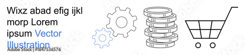 E-commerce, financial systems, online shopping, process automation, economic growth, digital trade. Gear wheels, coin stacks and shopping cart icon combination. E-commerce and financial systems