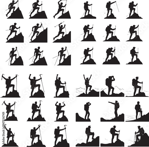 “Mountain Climber at Peak Silhouette – Summit Achievement, Goal, Success Icon”